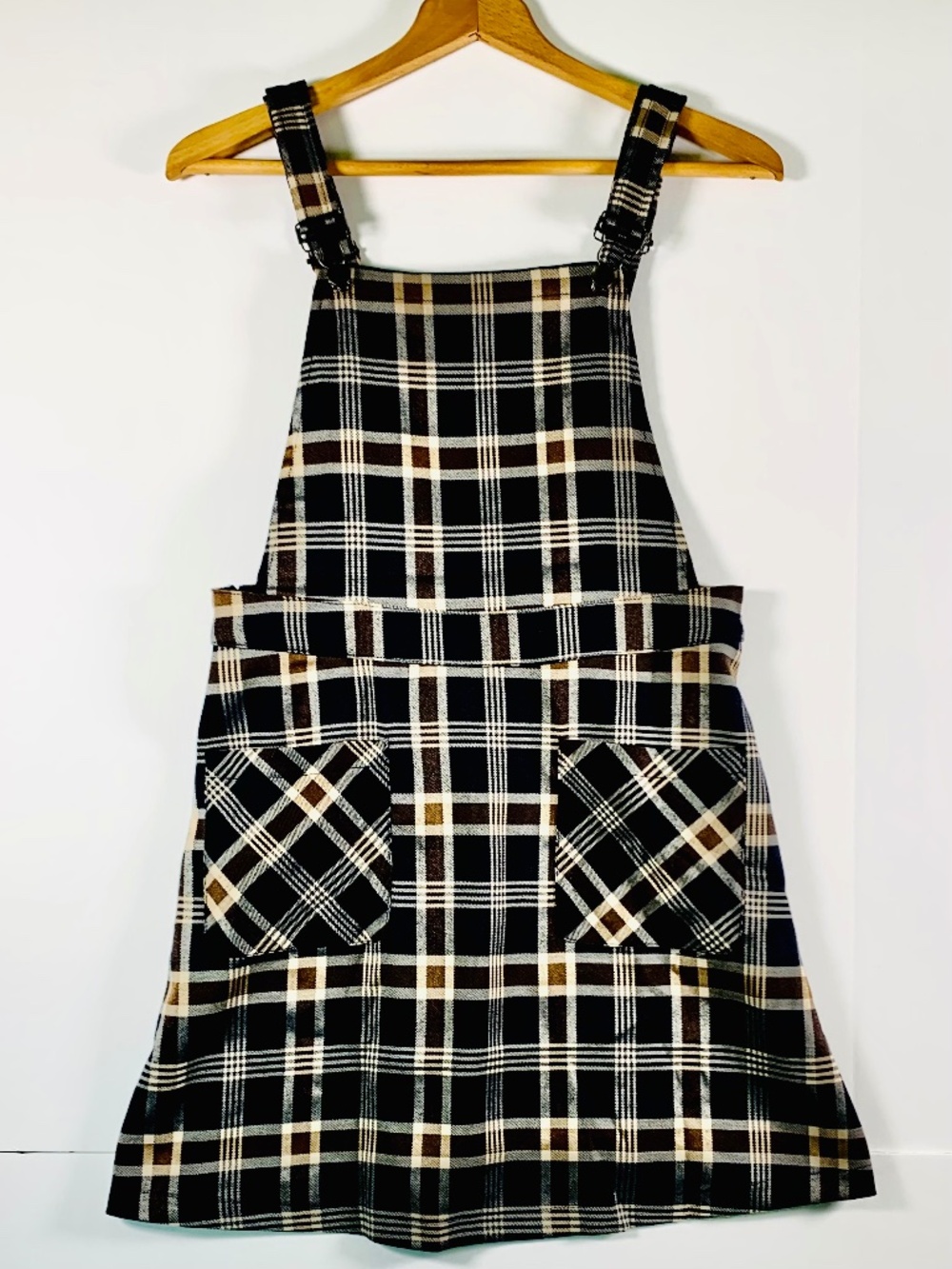 100% Cotton Allegra K Plaid Overall Suspender Dress Adj. Straps Blue Brown Cream